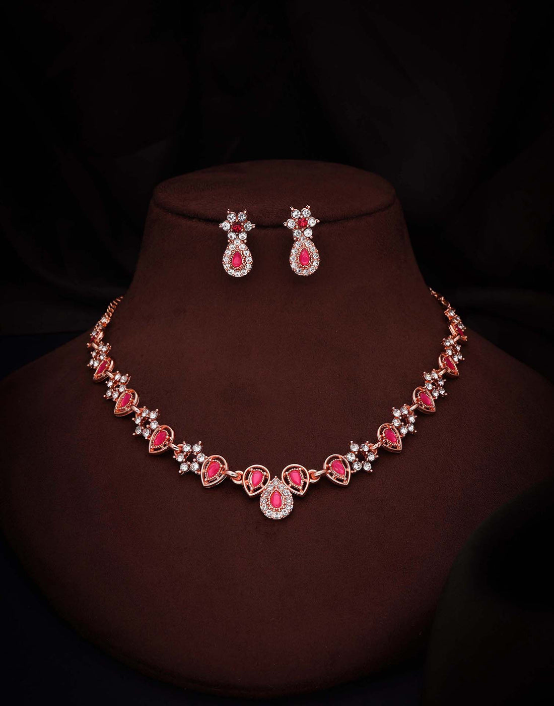 Pink Rose Gold Choker Necklace Set With Stud Earring