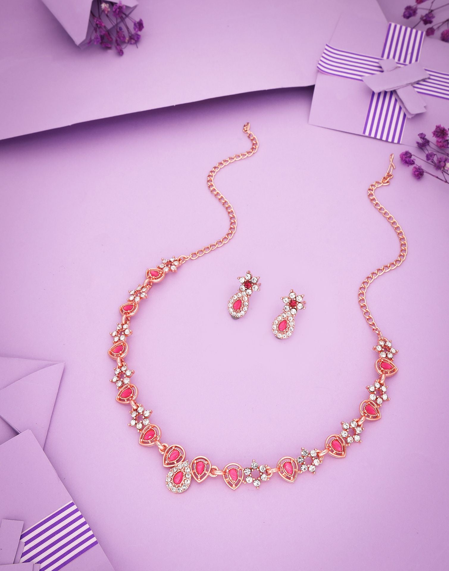 Pink Rose Gold Choker Necklace Set With Stud Earring