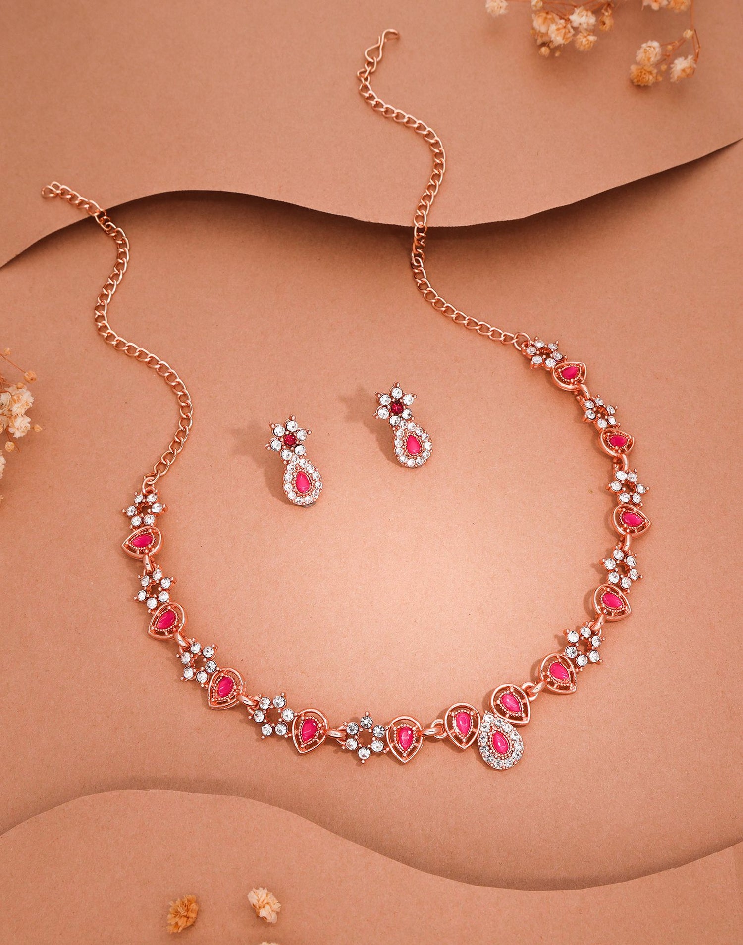 Pink Rose Gold Choker Necklace Set With Stud Earring