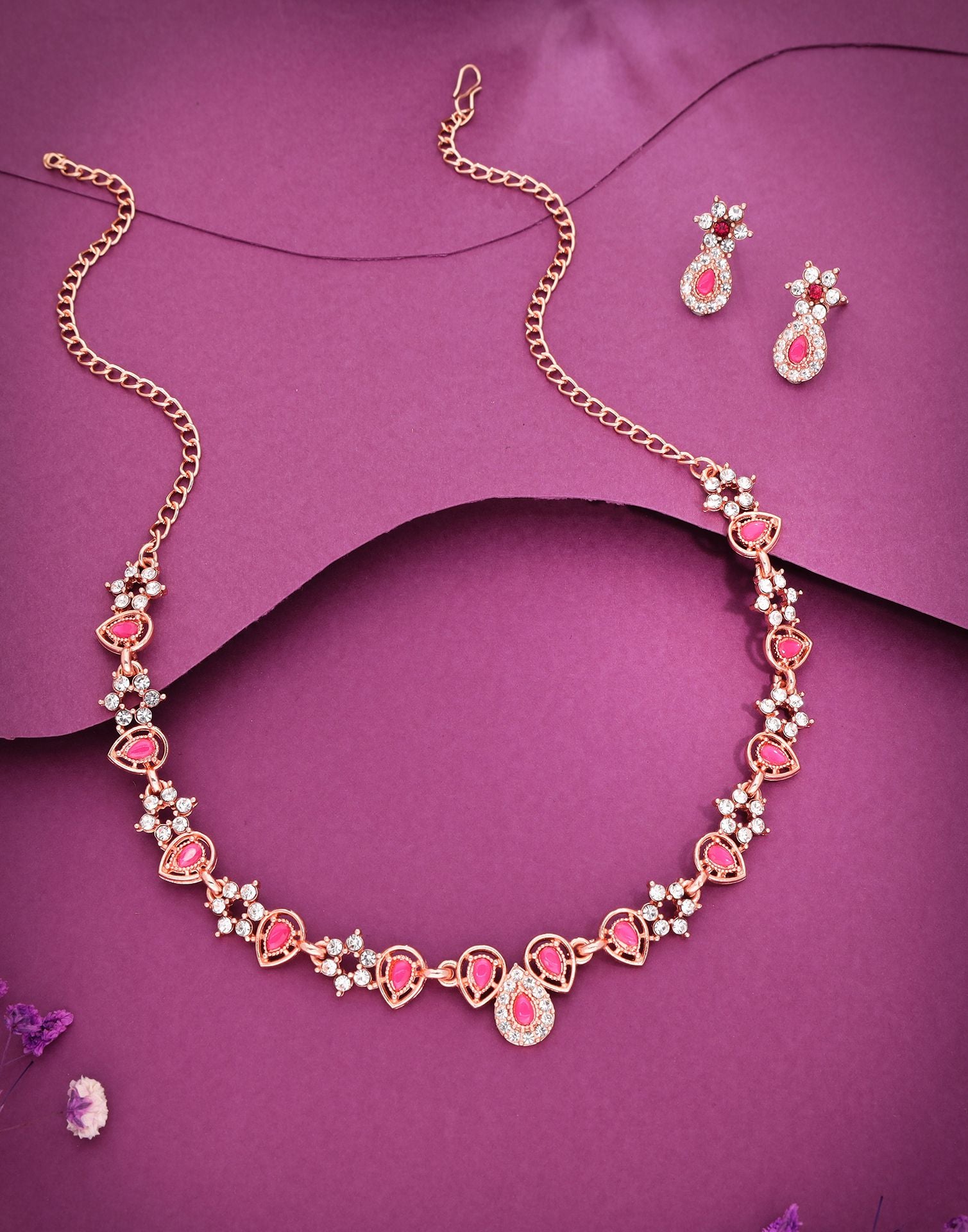 Pink Rose Gold Choker Necklace Set With Stud Earring