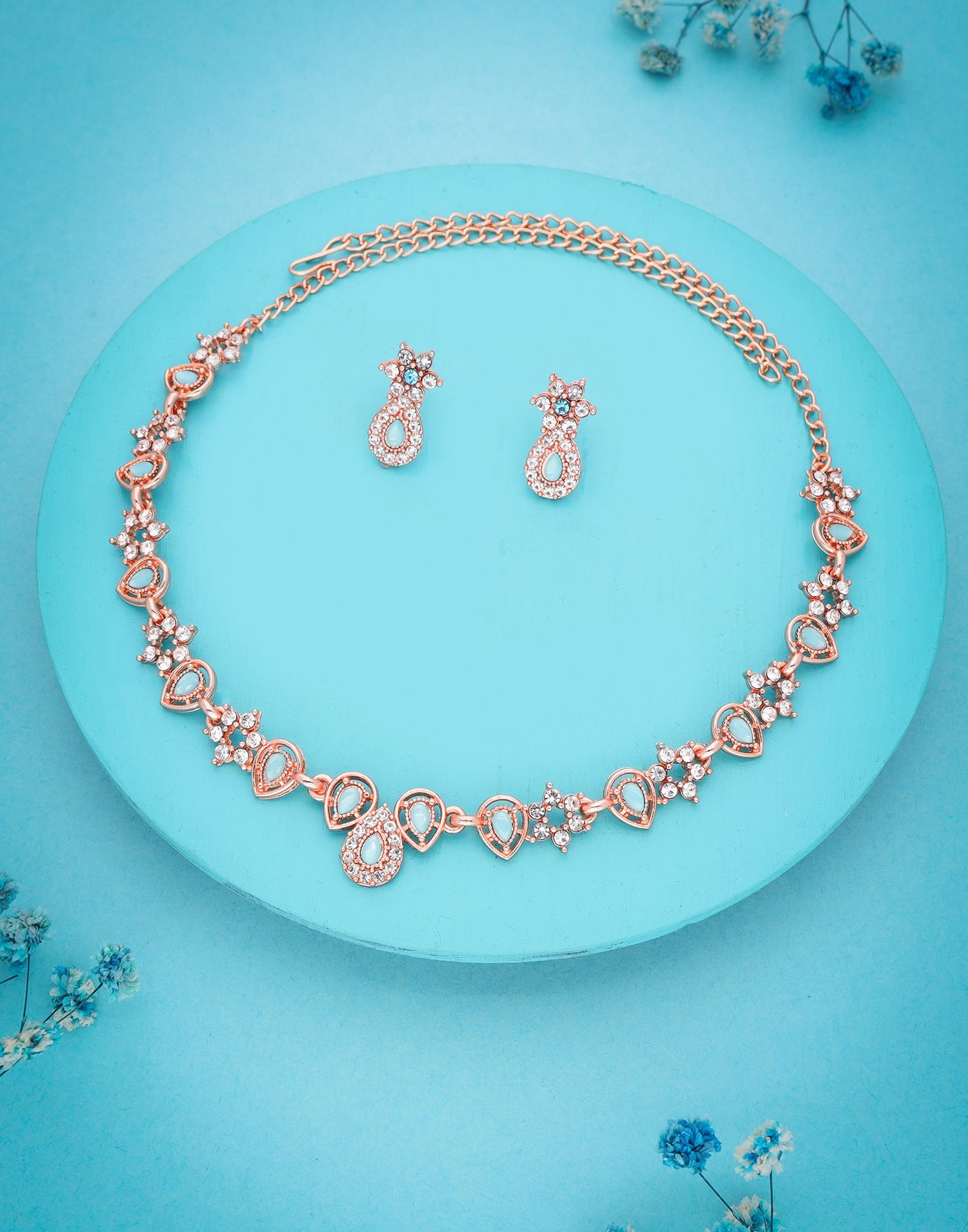 Blue Rose Gold Choker Necklace Set With Stud Earring