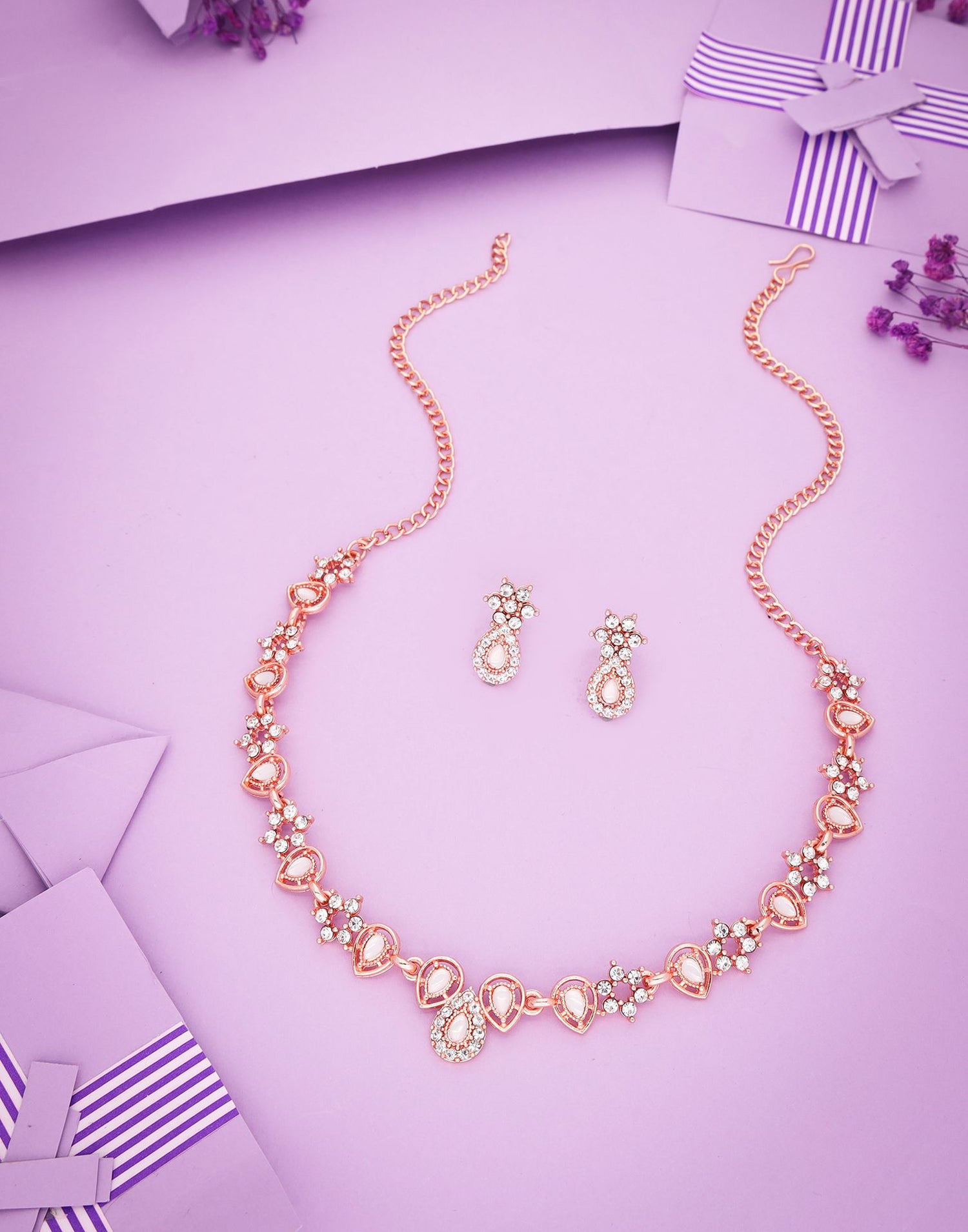 White Rose Gold Choker Necklace Set With Stud Earring