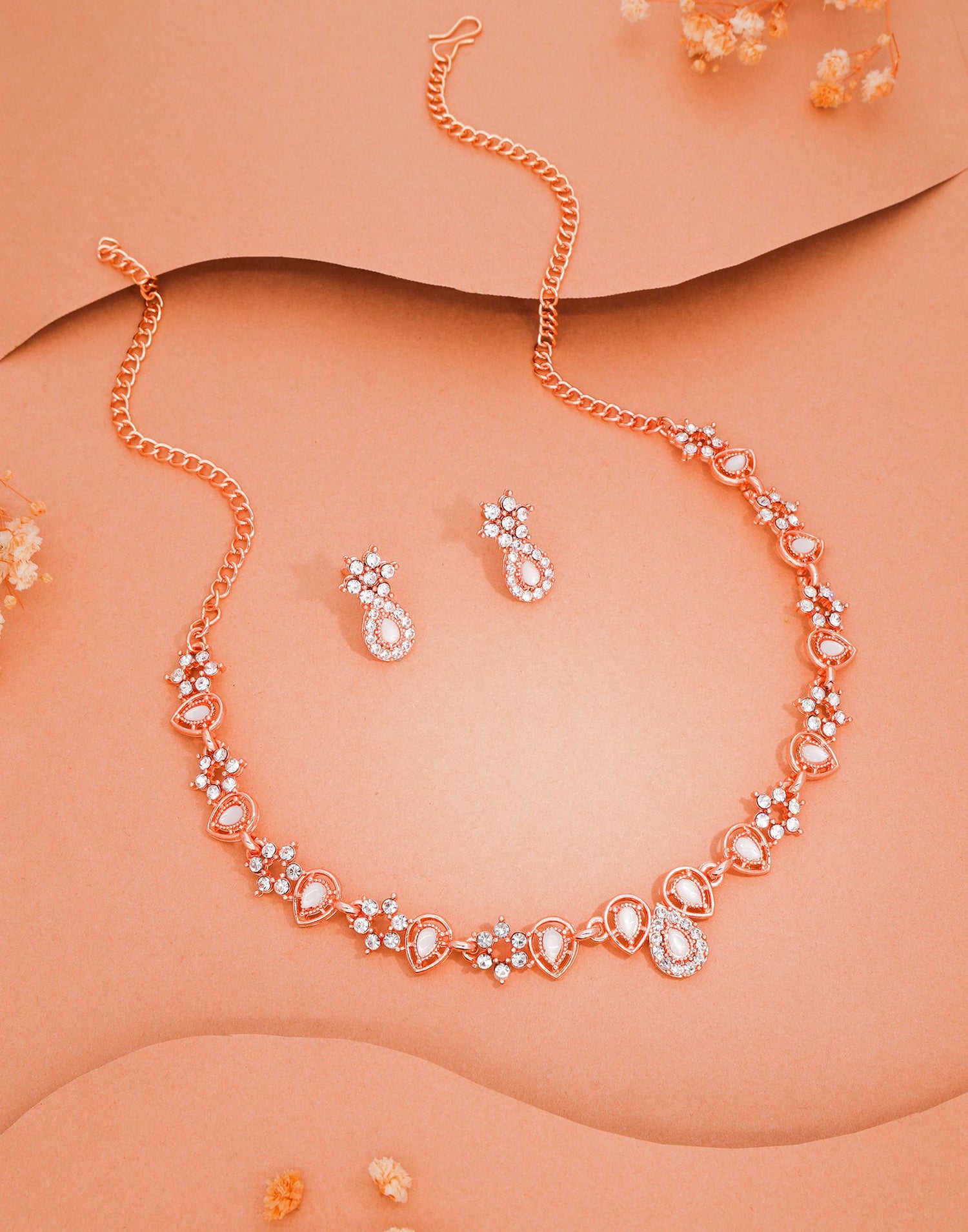 White Rose Gold Choker Necklace Set With Stud Earring