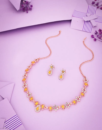 Yellow Rose Gold Choker Necklace Set With Stud Earring