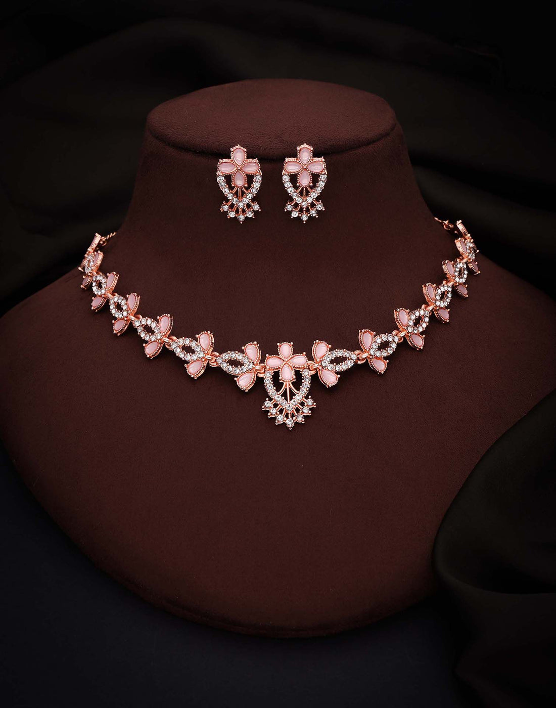 Pink Rose Gold Choker Necklace Set With Stud Earring