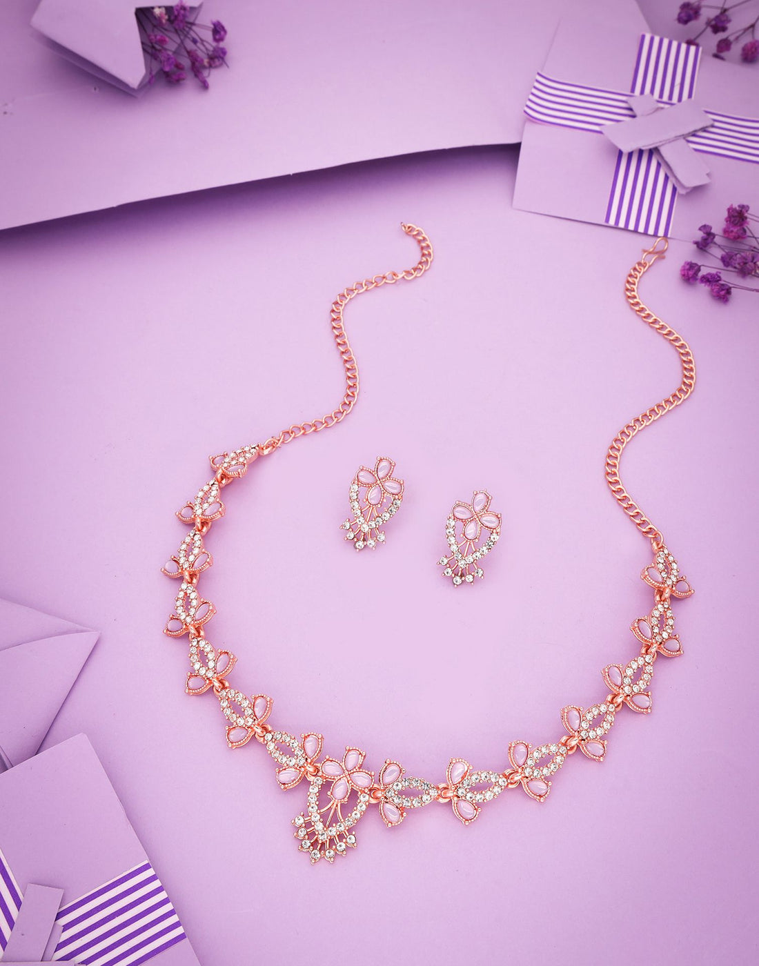 Purple Rose Gold Choker Necklace Set With Stud Earring