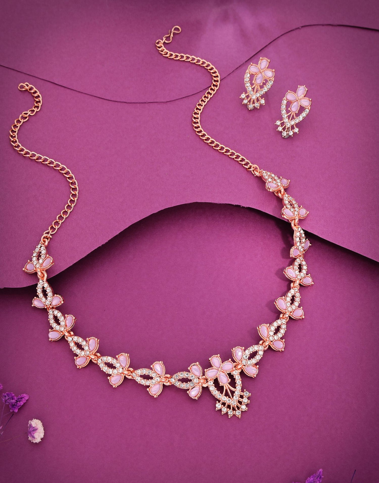 Purple Rose Gold Choker Necklace Set With Stud Earring