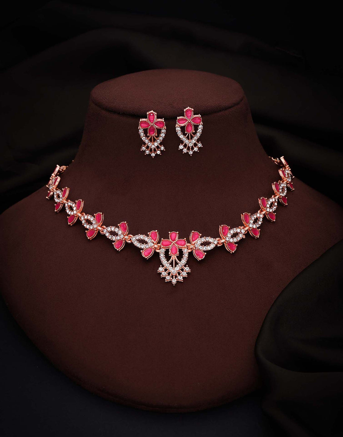 Pink Rose Gold Choker Necklace Set With Stud Earring