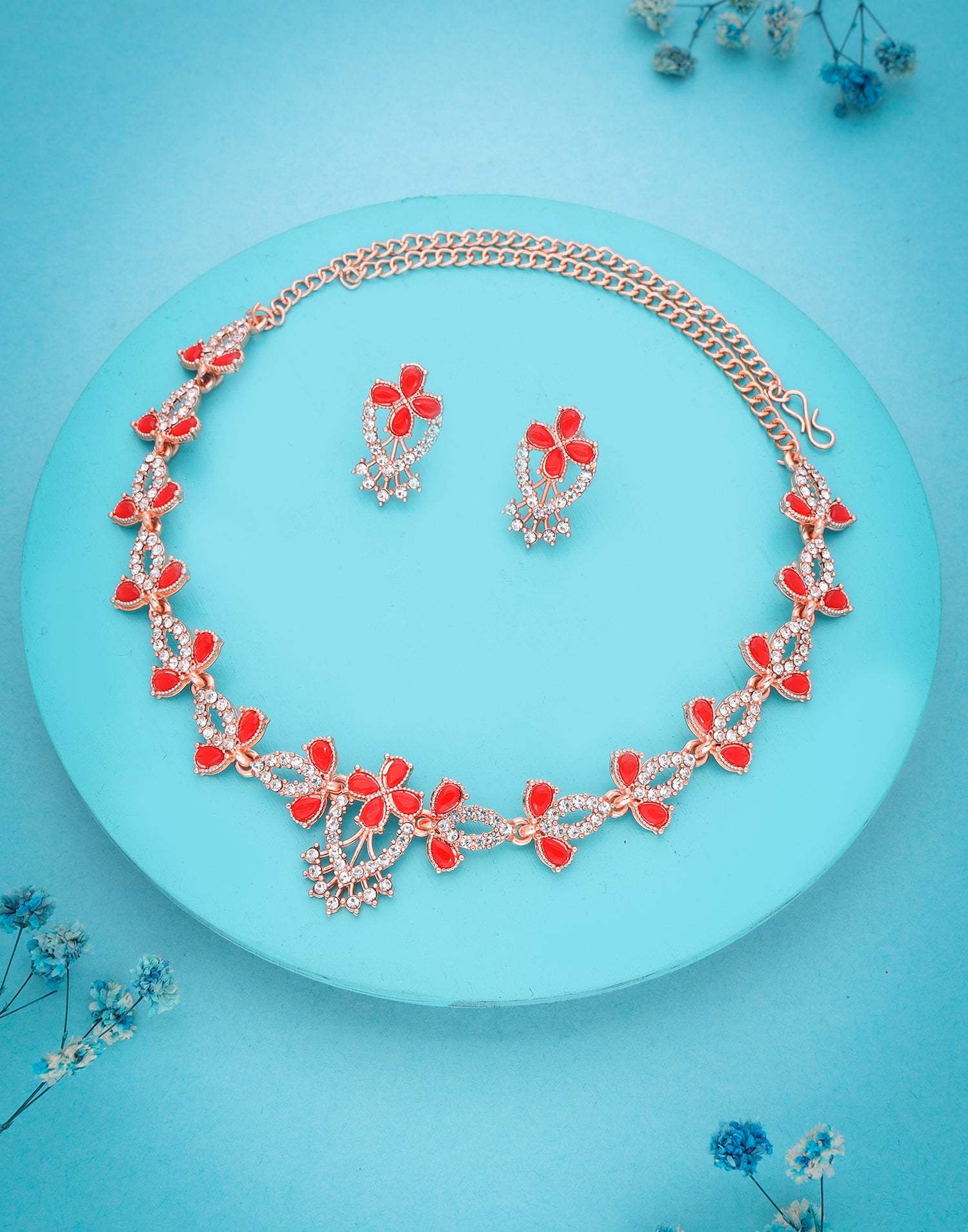 Red Rose Gold Choker Necklace Set With Stud Earring