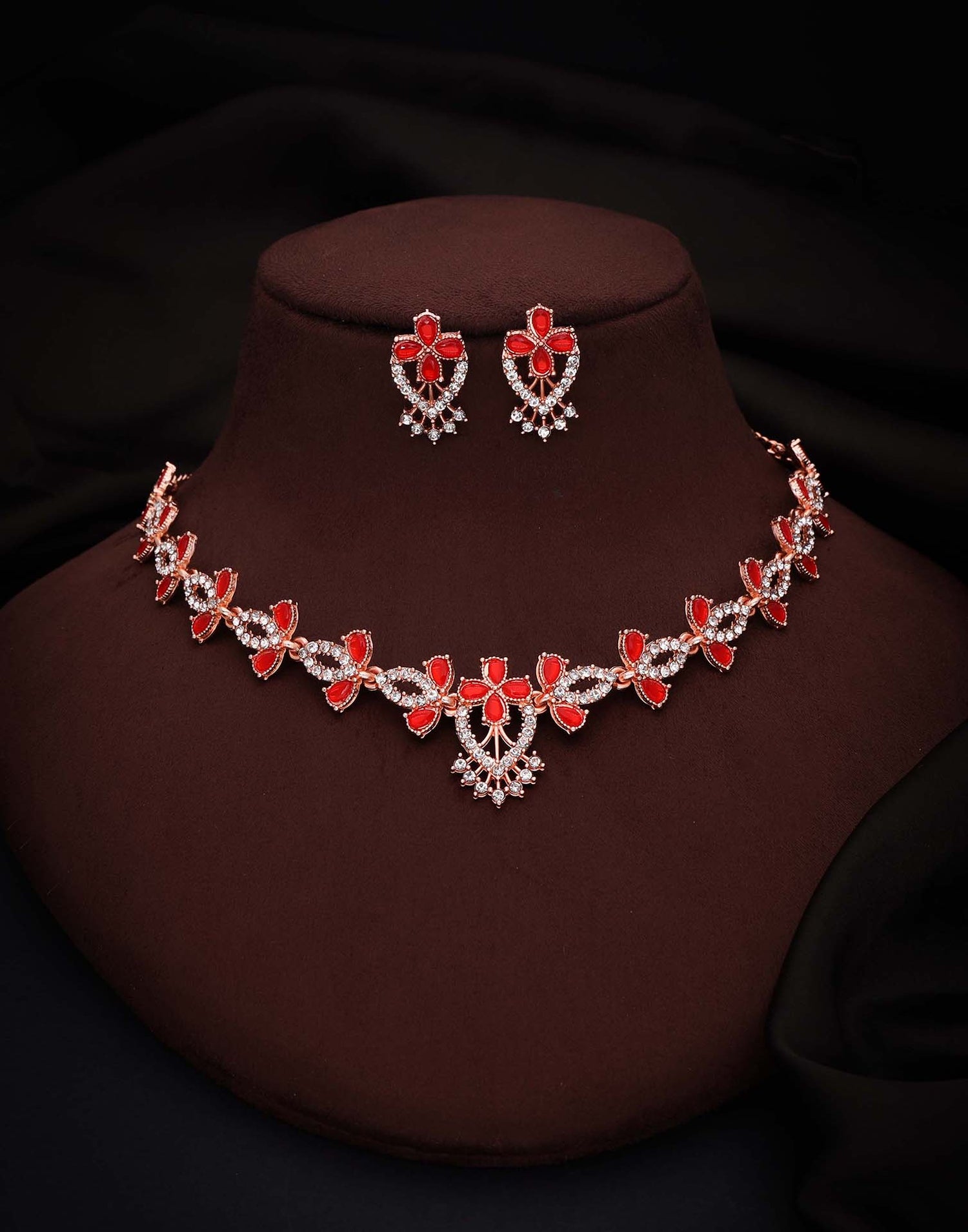 Red Rose Gold Choker Necklace Set With Stud Earring