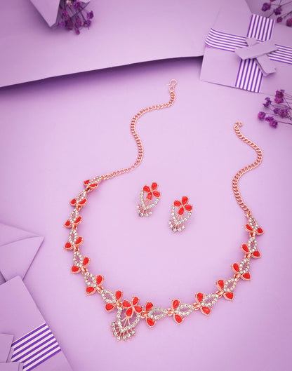 Red Rose Gold Choker Necklace Set With Stud Earring