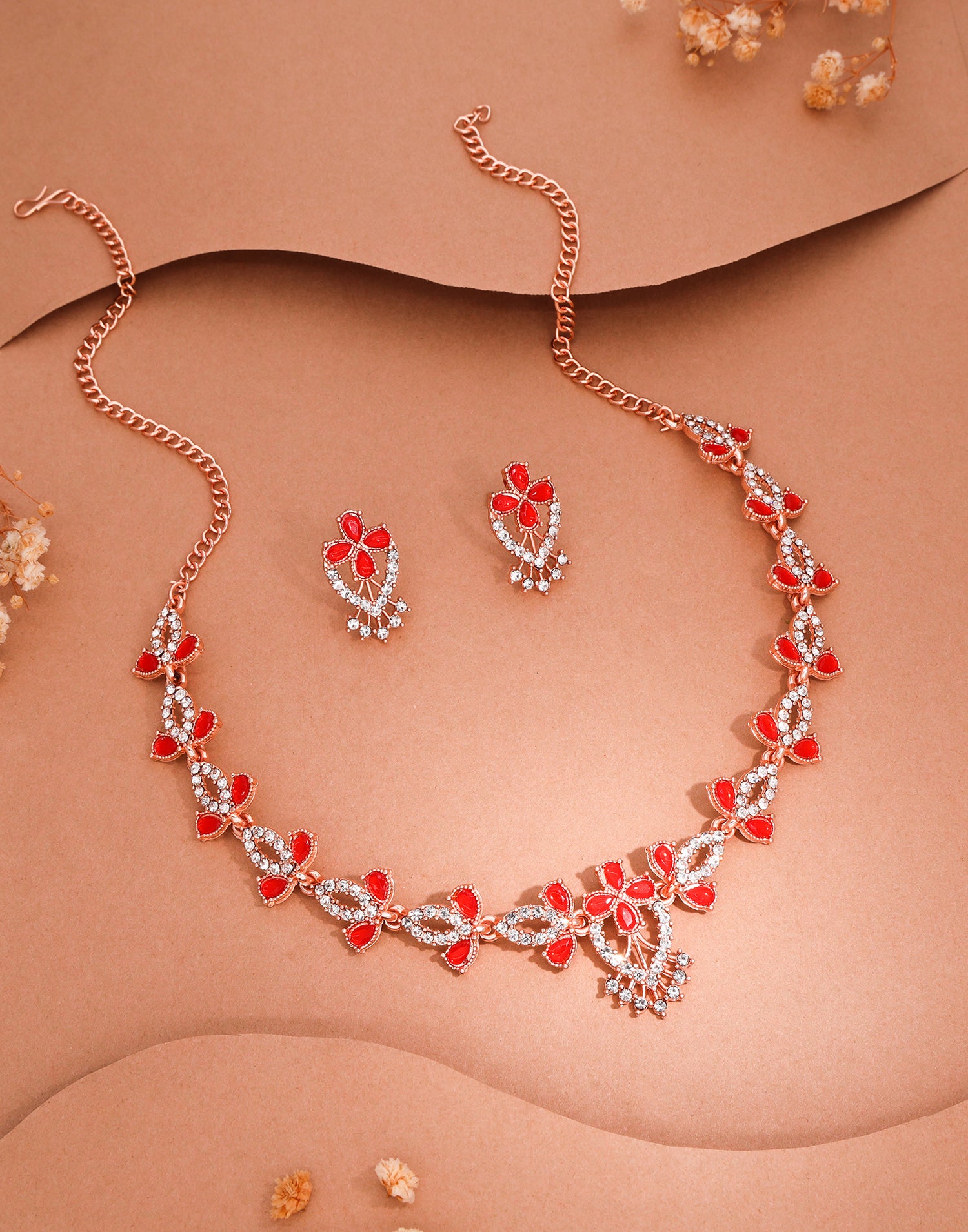 Red Rose Gold Choker Necklace Set With Stud Earring