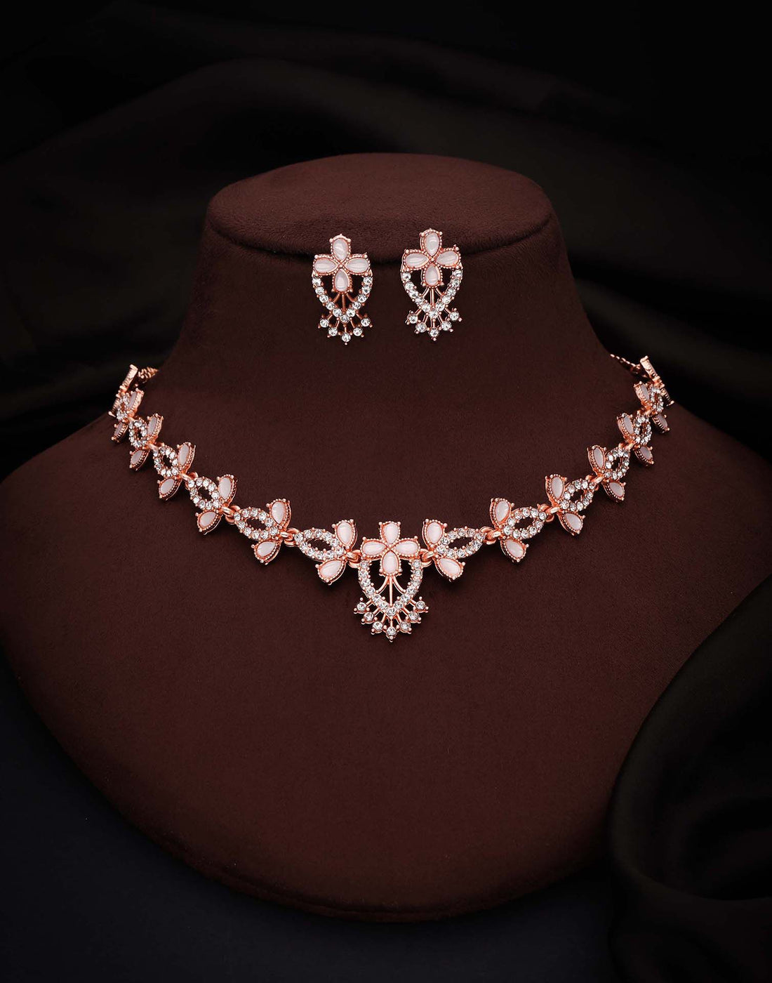 White Rose Gold Choker Necklace Set With Stud Earring