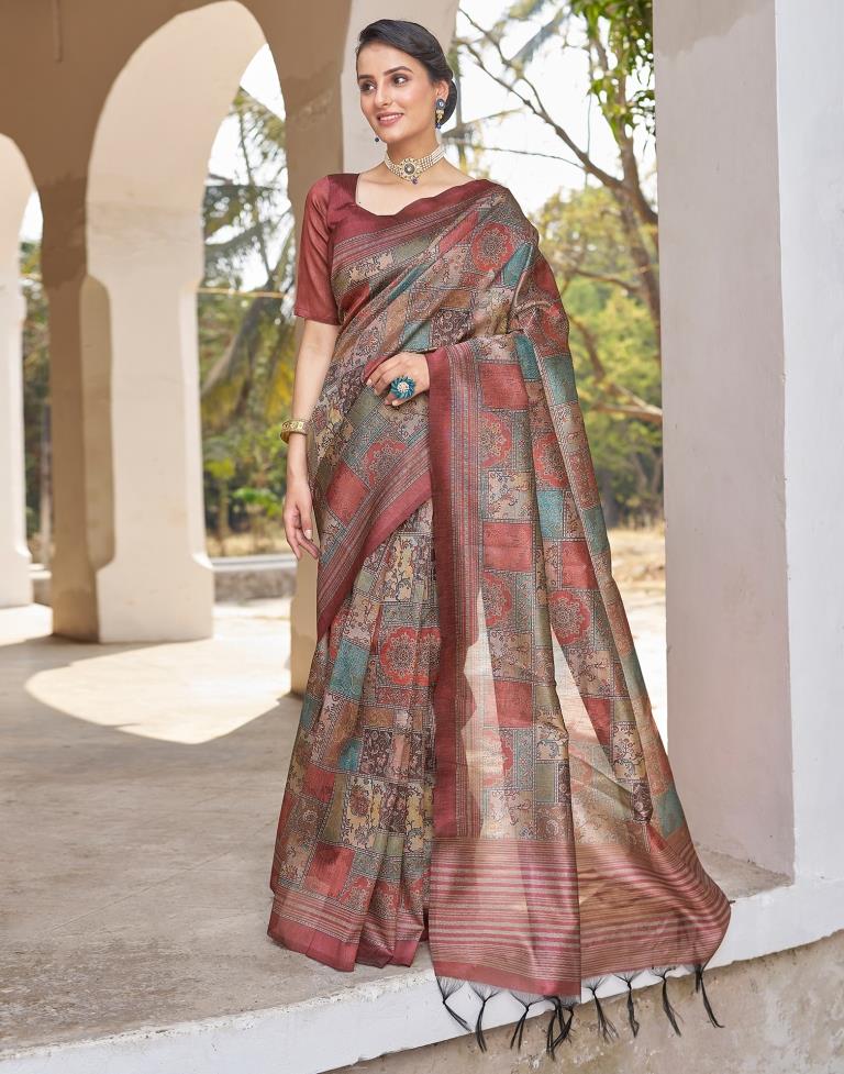 Ready to Wear Rust Silk Printed Saree