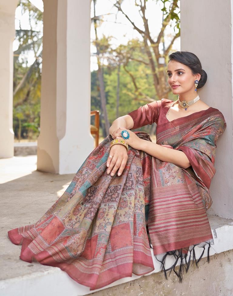 Ready to Wear Rust Silk Printed Saree