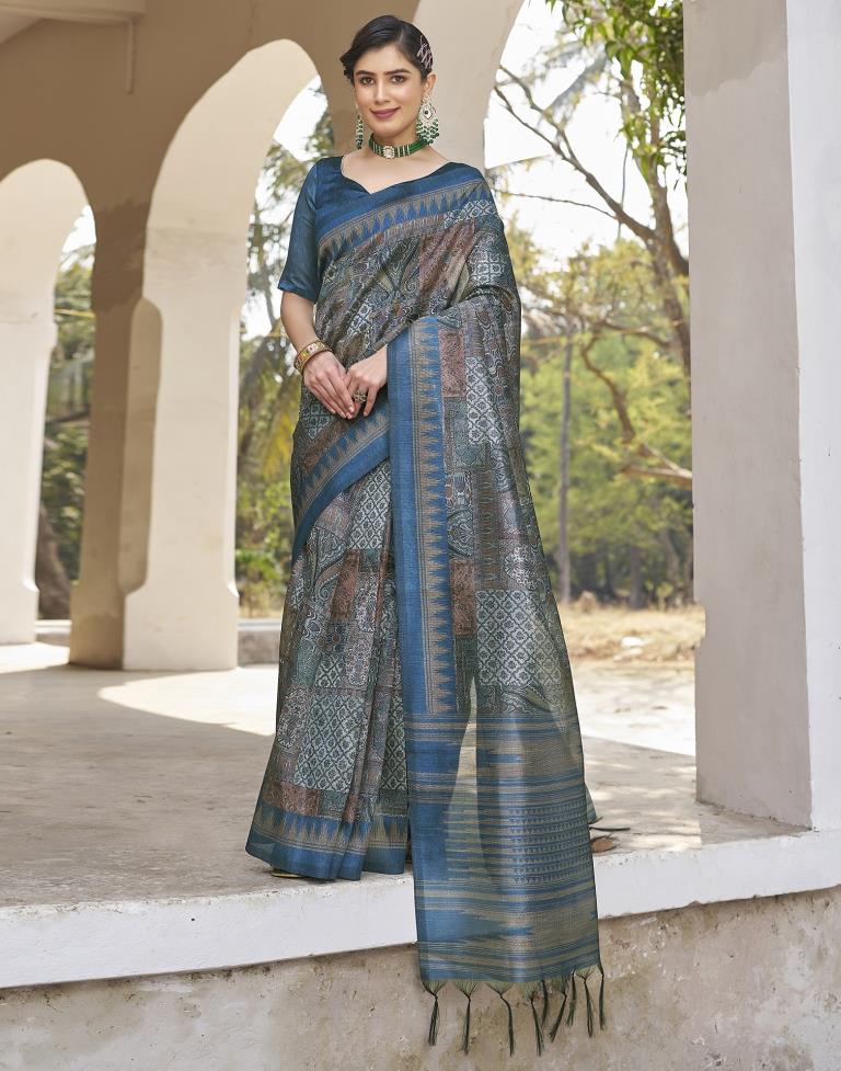 Ready to Wear Blue Silk Printed Saree