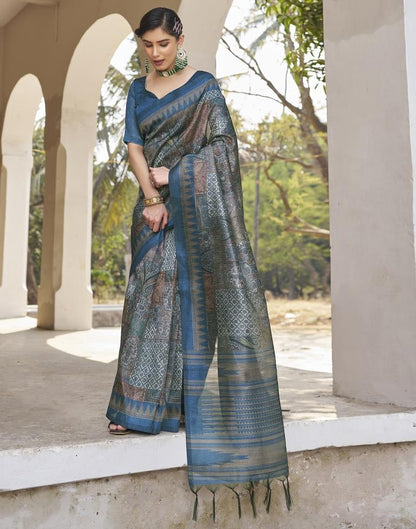 Ready to Wear Blue Silk Printed Saree