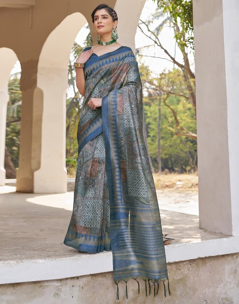 Ready to Wear Blue Silk Printed Saree