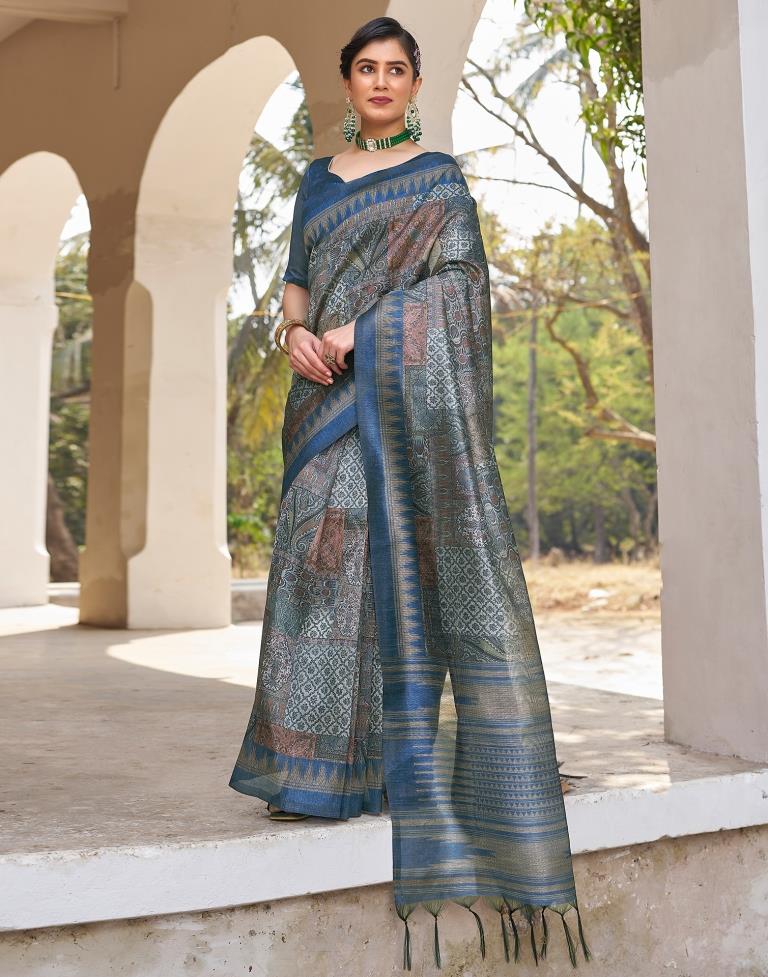 Ready to Wear Blue Silk Printed Saree