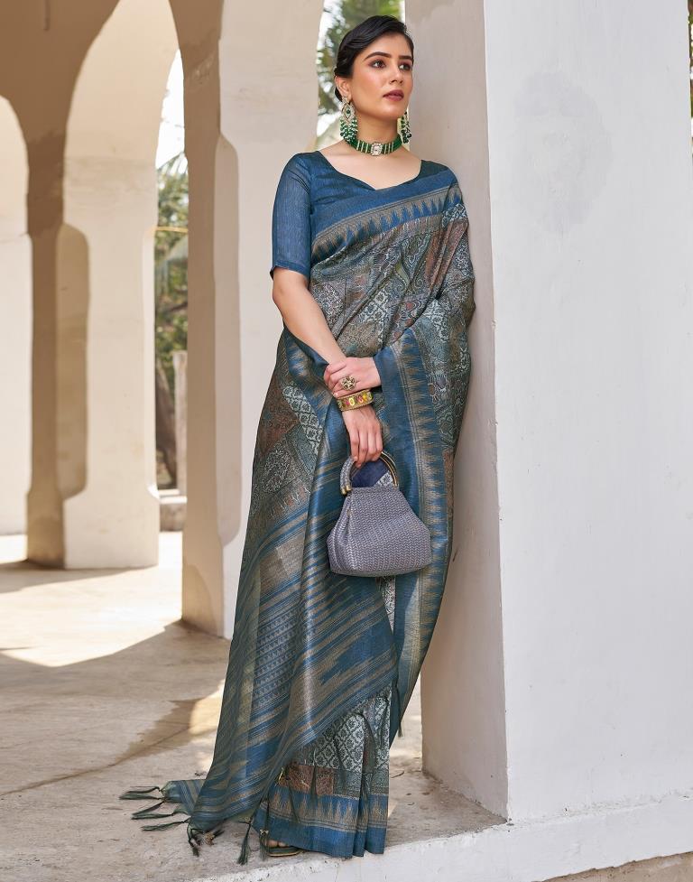 Ready to Wear Blue Silk Printed Saree