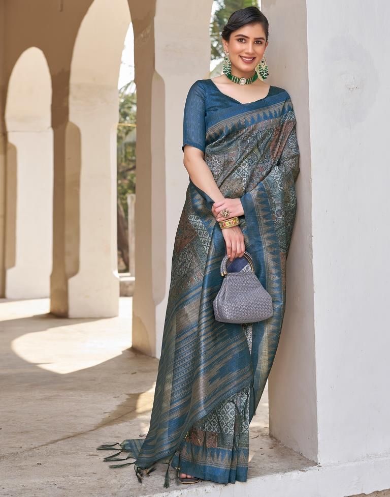 Ready to Wear Blue Silk Printed Saree