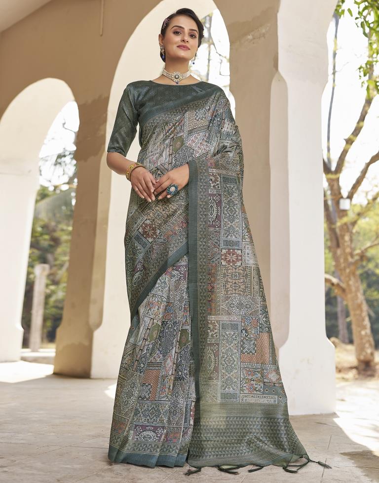 Ready to Wear Grey Silk Printed Saree