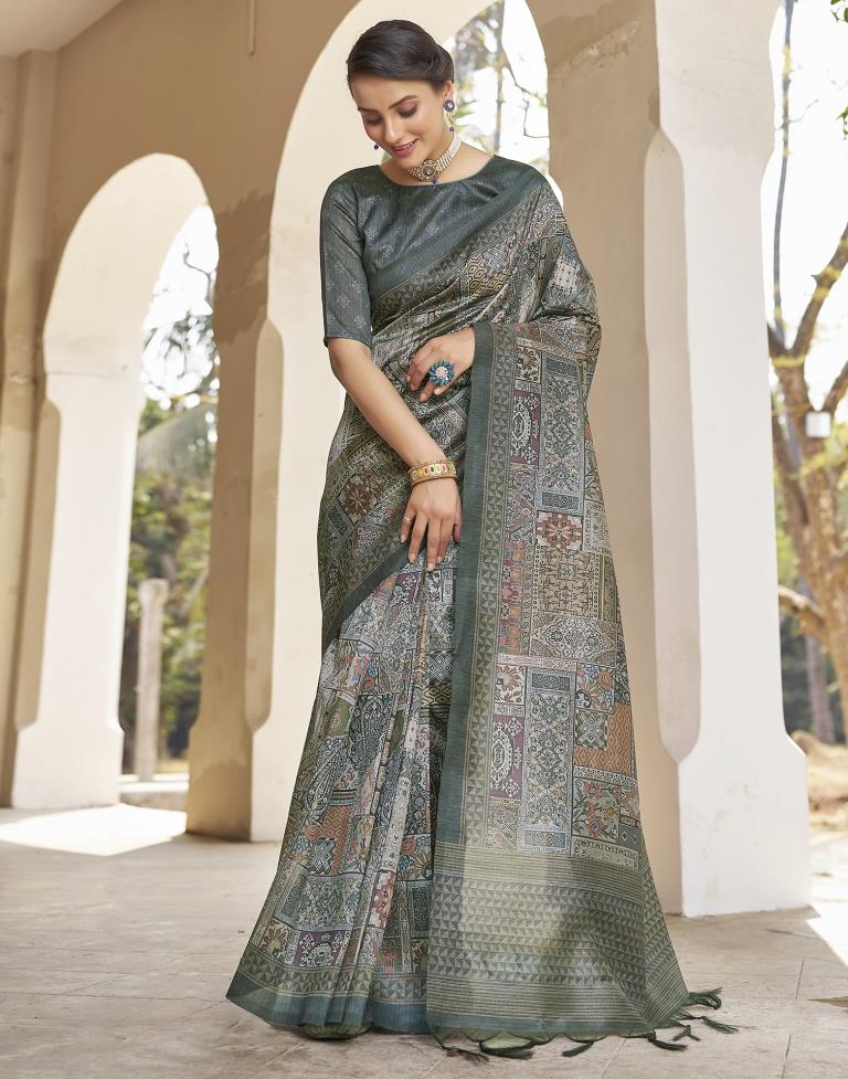 Ready to Wear Grey Silk Printed Saree