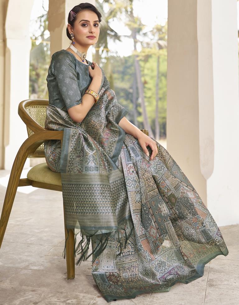 Ready to Wear Grey Silk Printed Saree