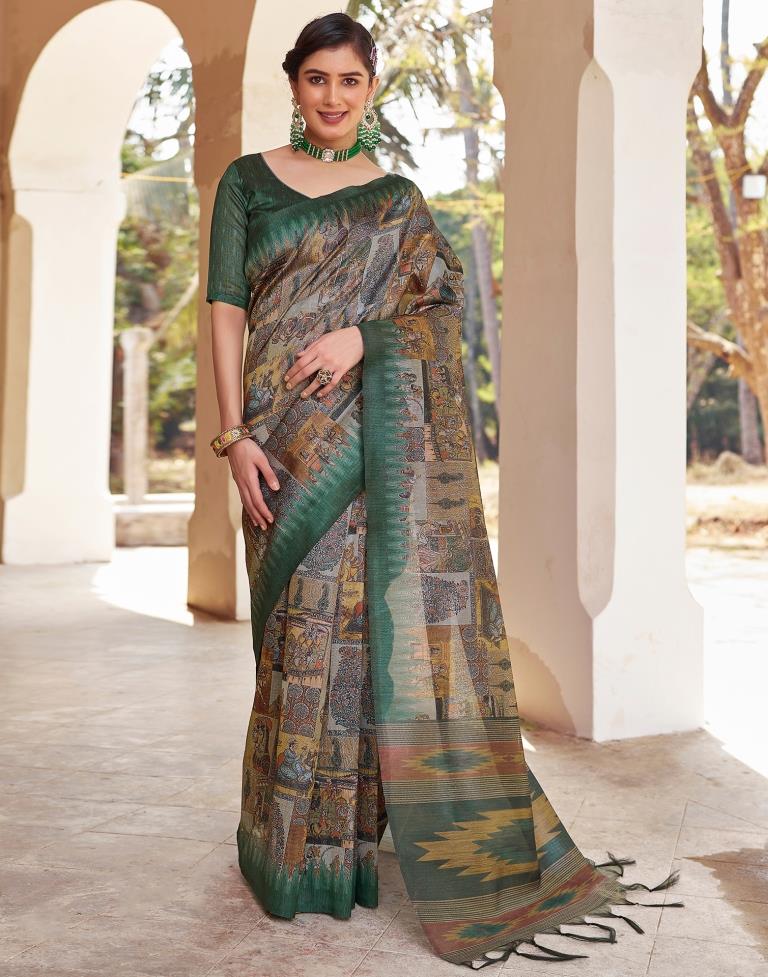 Ready to Wear Green Silk Printed Saree