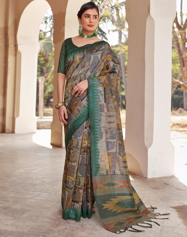 Ready to Wear Green Silk Printed Saree