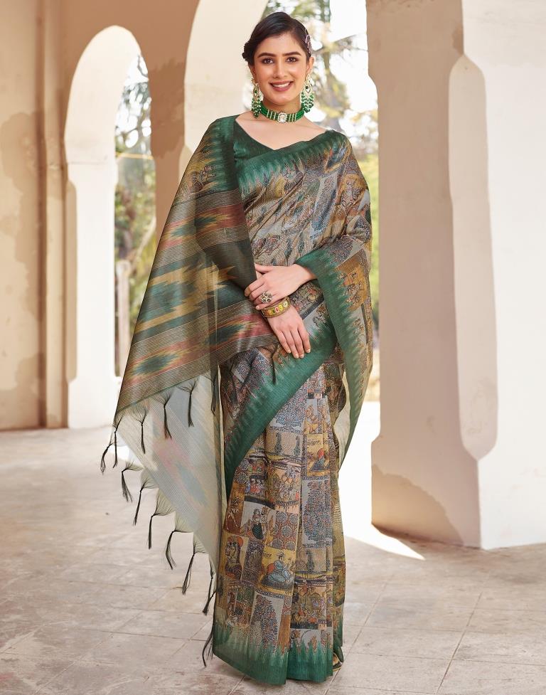 Ready to Wear Green Silk Printed Saree