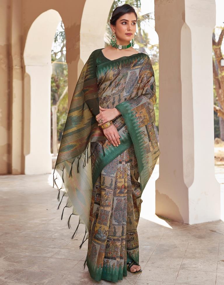 Ready to Wear Green Silk Printed Saree