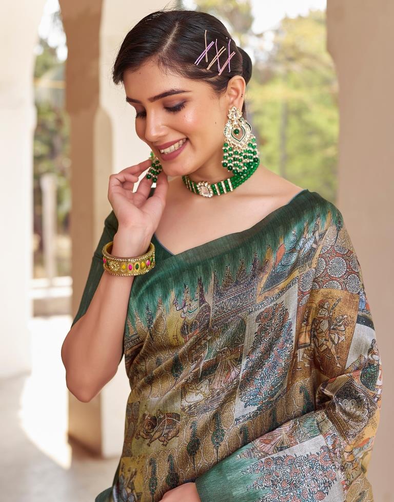 Ready to Wear Green Silk Printed Saree