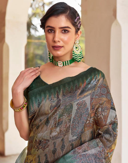 Ready to Wear Green Silk Printed Saree