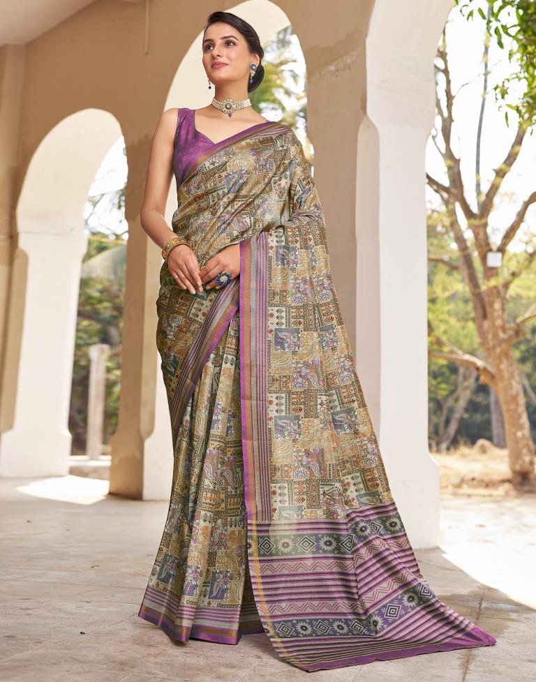 Ready to Wear Beige Silk Printed Saree