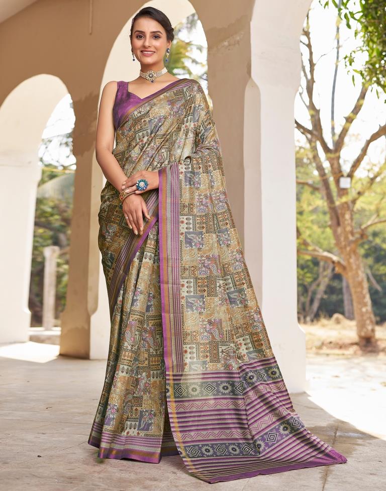 Ready to Wear Beige Silk Printed Saree