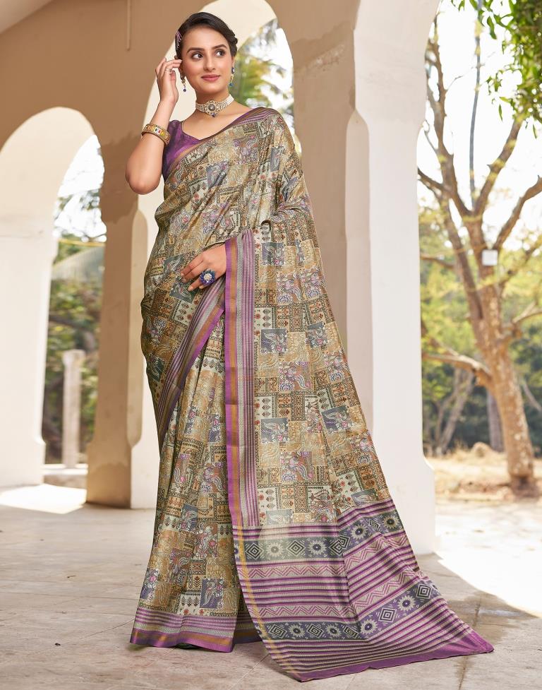 Ready to Wear Beige Silk Printed Saree