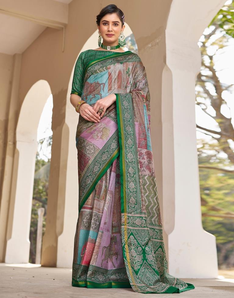 Ready to Wear Green Silk Printed Saree