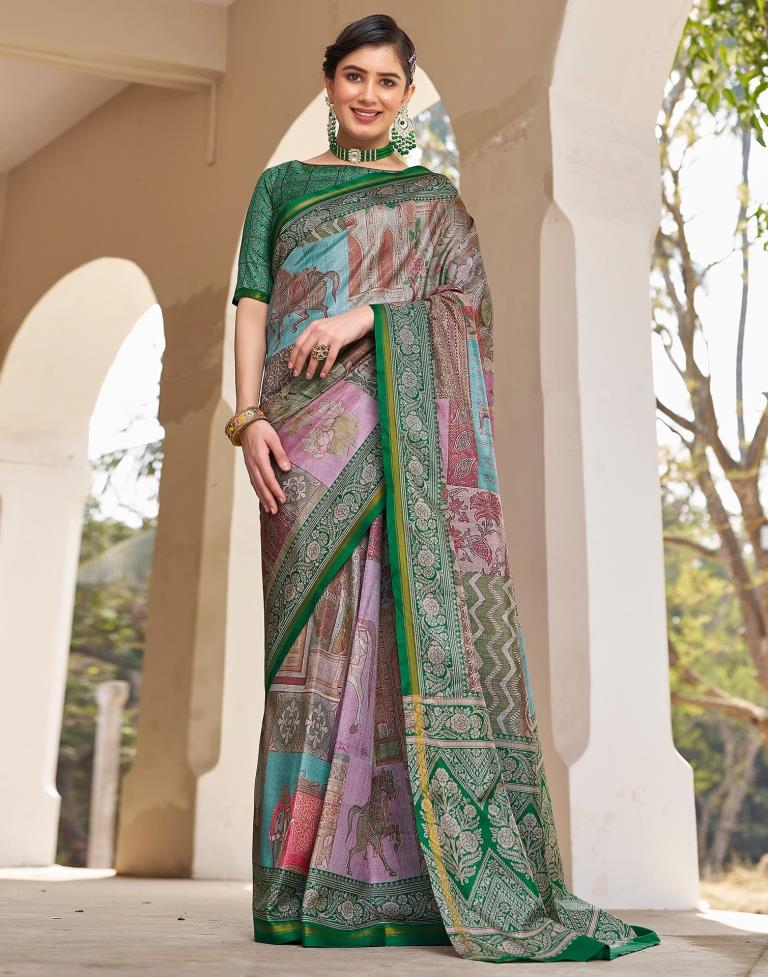 Ready to Wear Green Silk Printed Saree