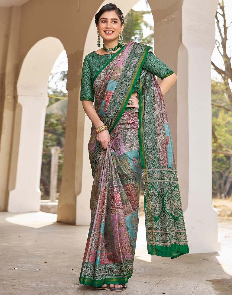 Ready to Wear Green Silk Printed Saree