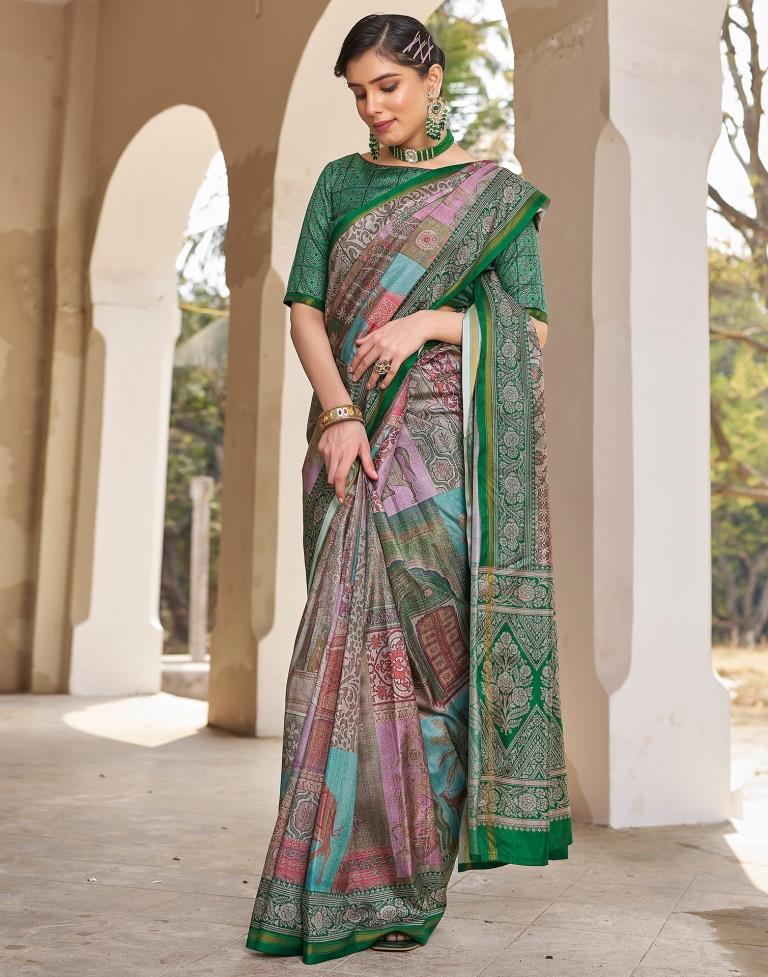 Ready to Wear Green Silk Printed Saree