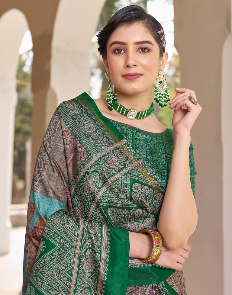 Ready to Wear Green Silk Printed Saree