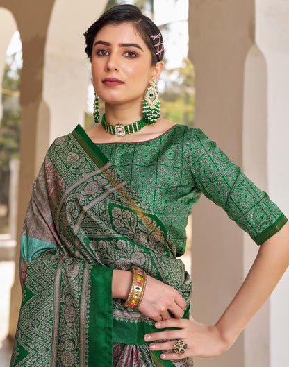 Ready to Wear Green Silk Printed Saree