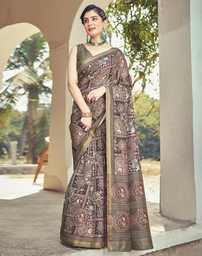 Ready to Wear Brown Silk Printed Saree