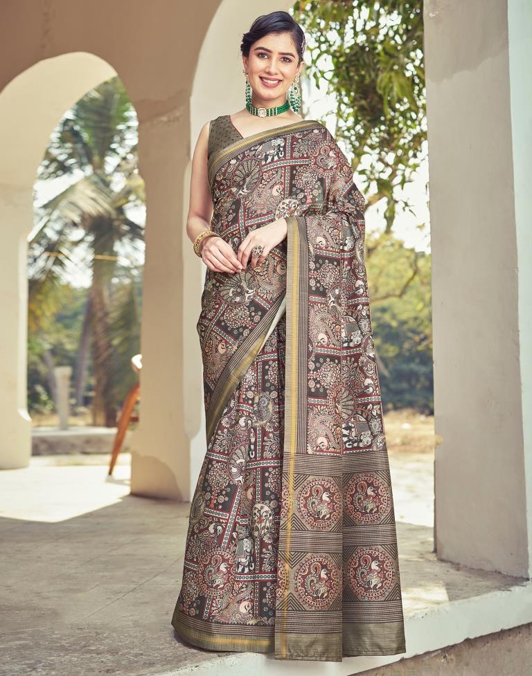 Ready to Wear Brown Silk Printed Saree