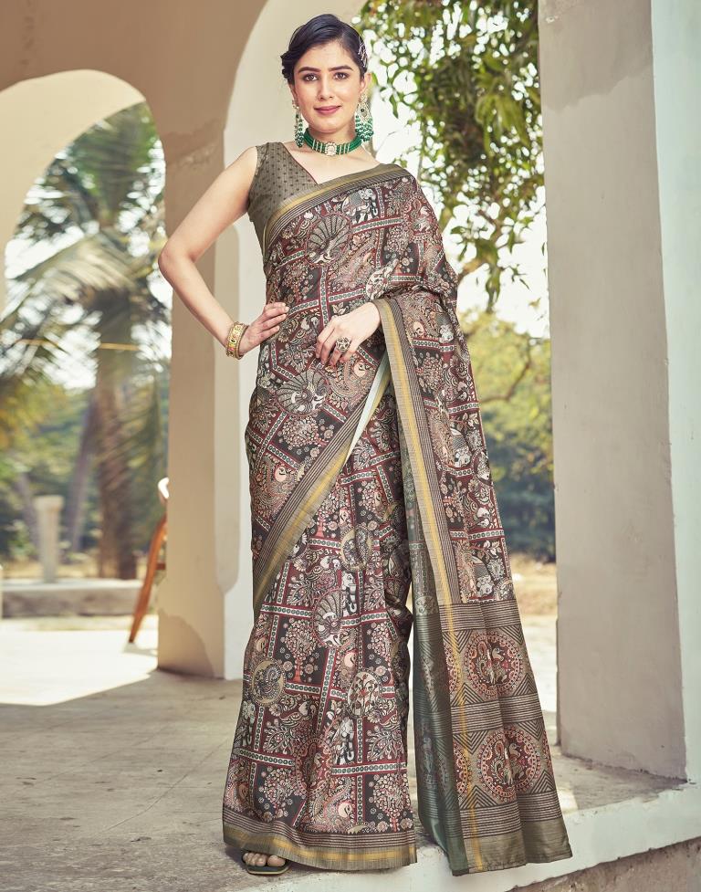 Ready to Wear Brown Silk Printed Saree