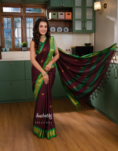 Shiny Doshi Wine Silk Woven Kanjivaram Saree