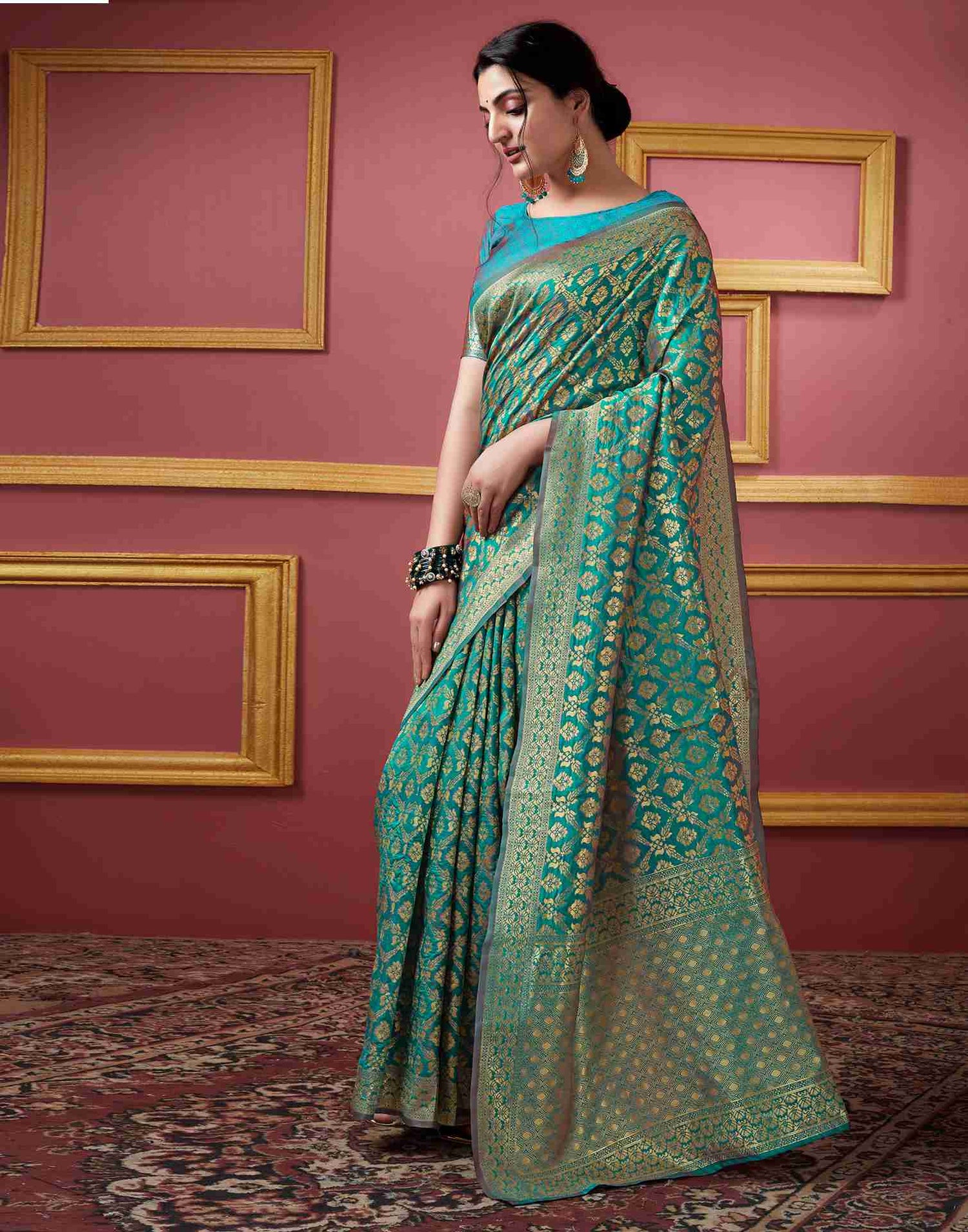 Teal Blue Silk Weaving Saree