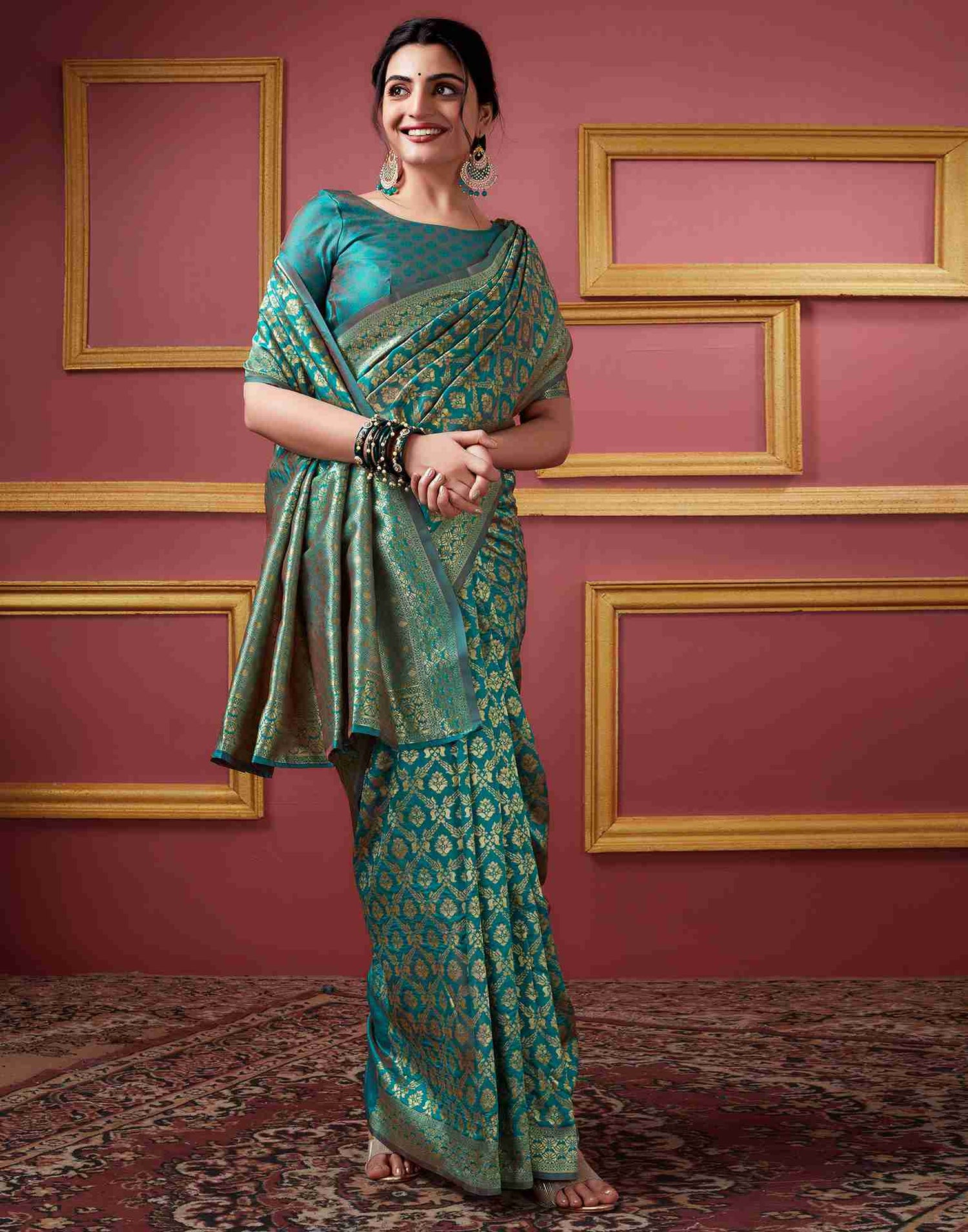 Teal Blue Silk Weaving Saree