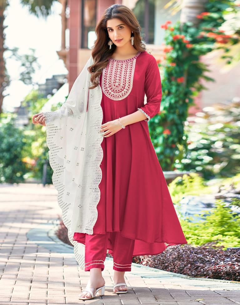 Dark Pink Plain Muslin Flared Kurta Set With Dupatta